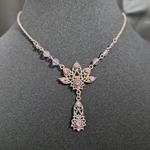 Women's Necklace Victorian Style Silver Tone Purple Beads Size 10 Inches‎